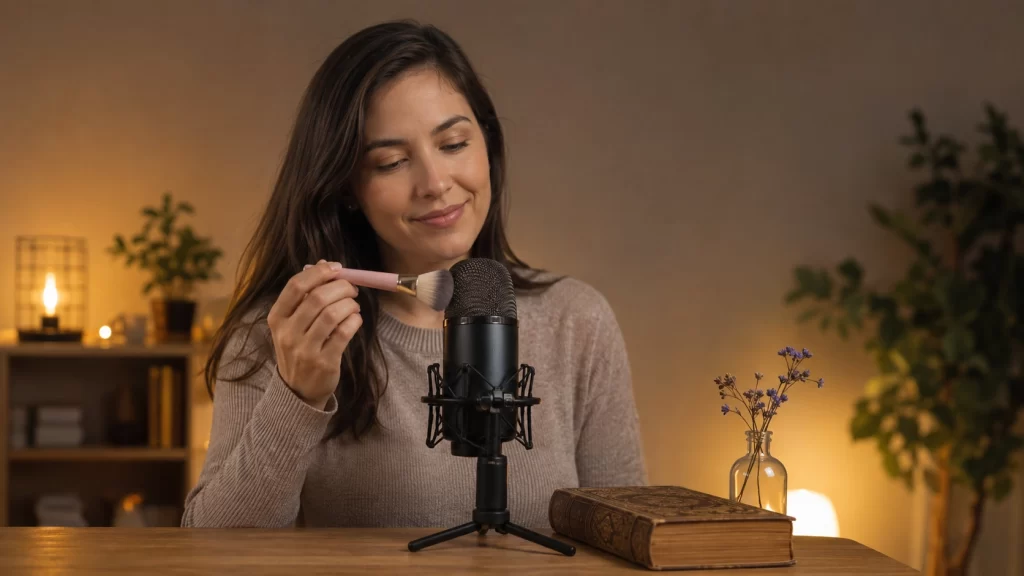 ¿Qué es el ASMR? Sonidos, sensaciones y por qué resulta tan relajante 1 Mujer realizando una sesión de ASMR con una brocha y un micrófono